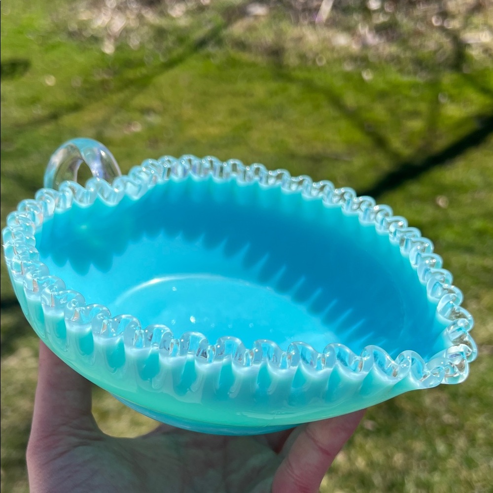 Vintage Fenton Turquoise Blue Milk Glass Silver Crest Heart Shaped Candy Dish